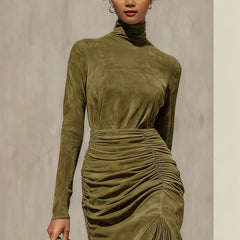 Ruched Faux Suede Maxi Skirt with Fringe Trim Detail