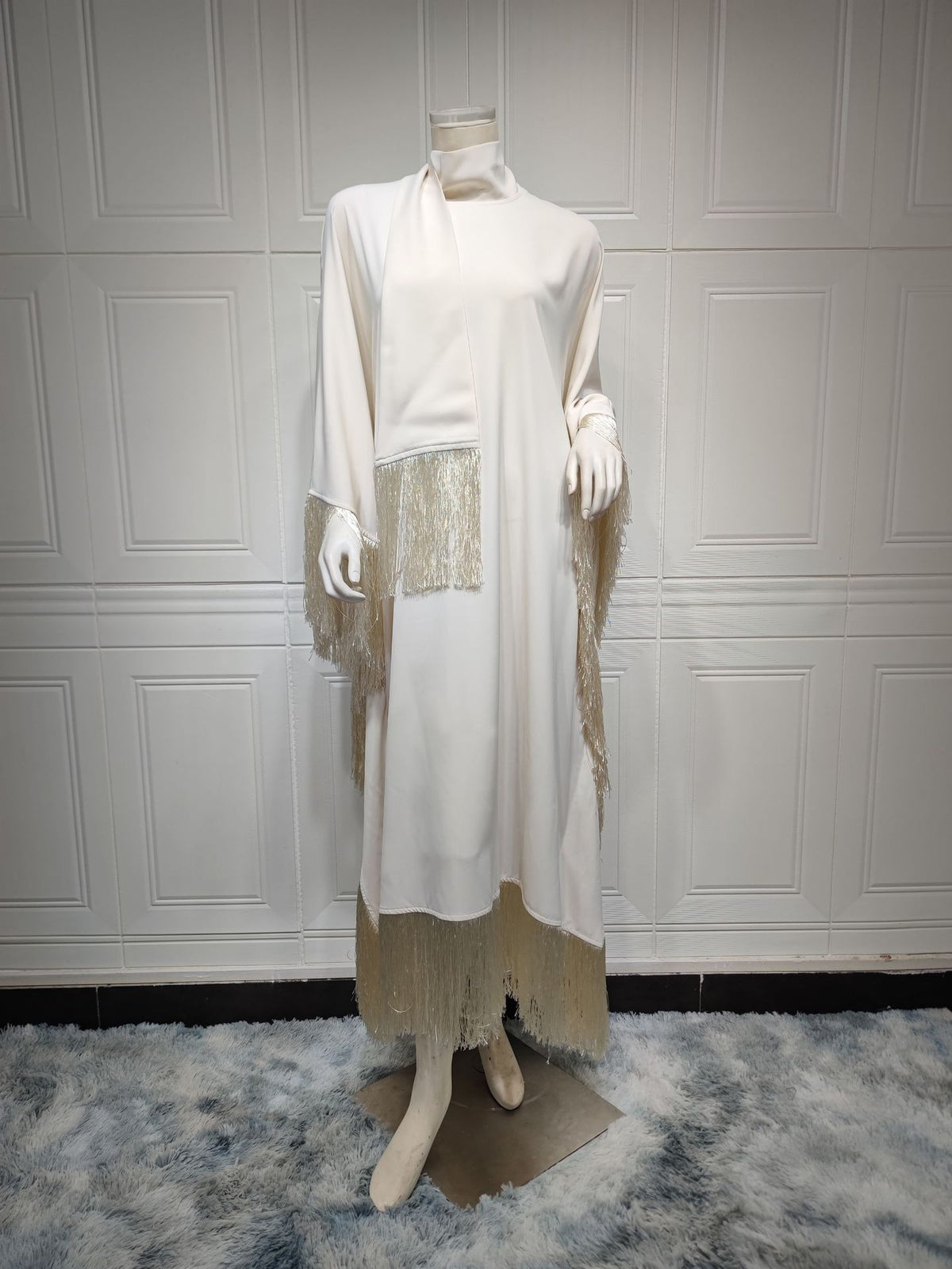 Ivory Satin Fringe-Trimmed Kaftan Dress