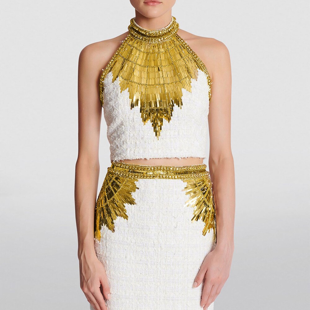 Gold Embellished Tweed Two-Piece Dress