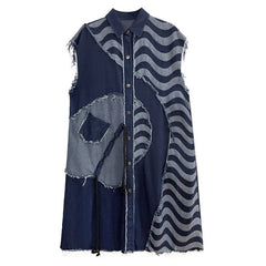 Wavy Striped Oversized Denim Vest Coat