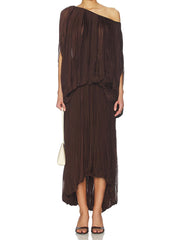 One-Shoulder Pleated Maxi Dress with Asymmetrical Hemline