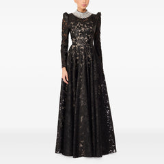 Jeweled High-Neck Floral Lace A-Line Gown