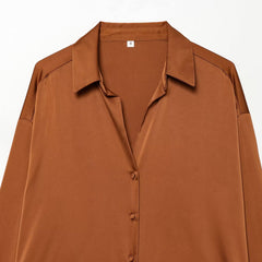 Feather-Trimmed Satin Button-Down Blouse