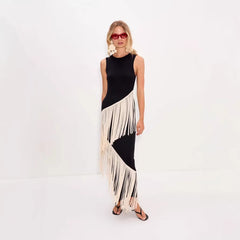 Sleeveless Midi Dress with Asymmetric Tiered Fringe Details