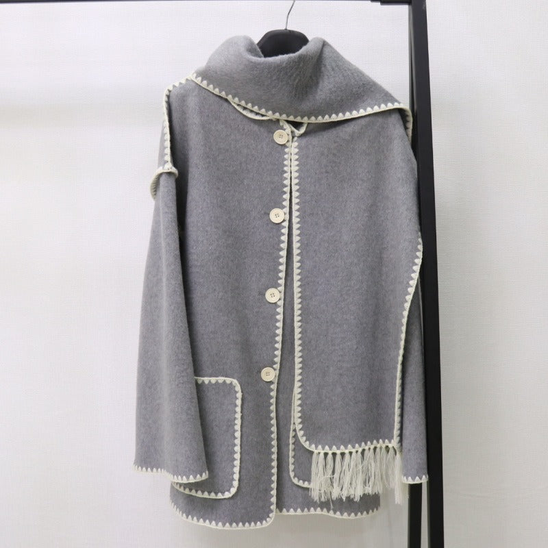 Soft Grey Scarf-Draped Blanket Coat
