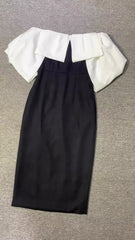 Monochrome Ruffle Off-Shoulder Midi Dress