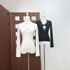 Lace-Trimmed Cutout Long-Sleeve Top with Twist-Front Detail