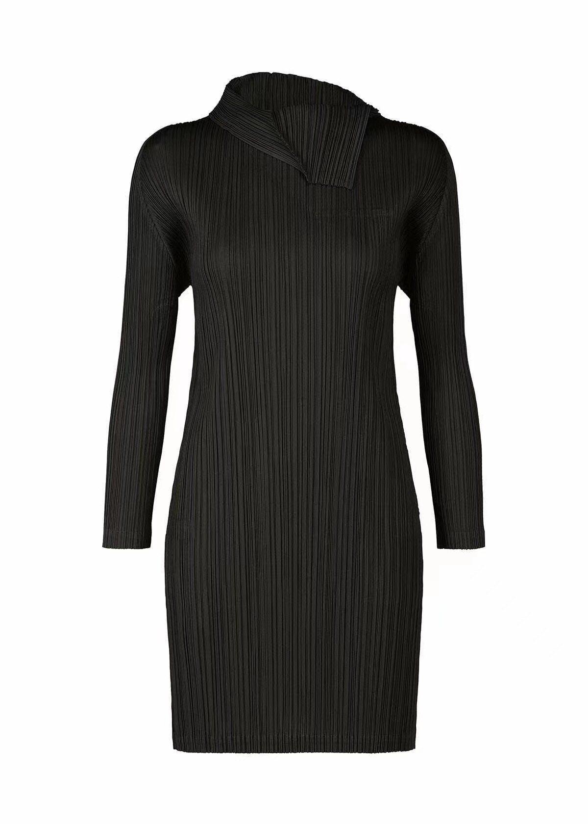 Sculptural Black Pleated Midi Dress