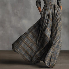Plaid V-Neck Button-Up Maxi Dress with Pockets