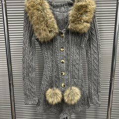 Faux Fur Collar Hooded Cable Knit Cardigan Sweater