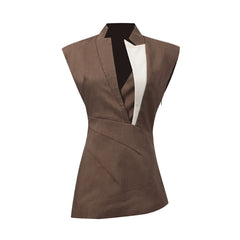 Asymmetrical Sleeveless V-Neck Top with Contrast Lapel