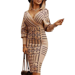 Modern Grid V-neck Bodycon Knit Dress