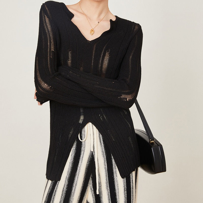 Asymmetric Split-Hem Ribbed Knit Top