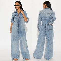 Button-Down Long Sleeve Acid Wash Denim Jumpsuit