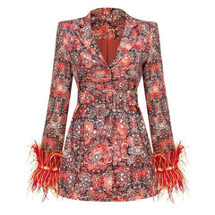 Retro Baroque Floral Blazer with Feather Cuffs