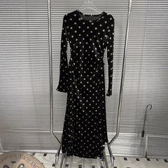 Ruched Velvet Polka Dot Long Sleeve Maxi Dress