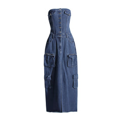 Strapless Button-Front Denim Cargo Maxi Dress