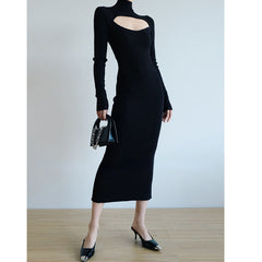 High-Neck Cutout Knit Midi Dress