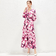 Pink Ink-Pattern Belted Flowing Gown