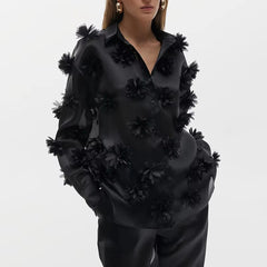 Button-Down Satin Shirt with 3D Floral Appliqués