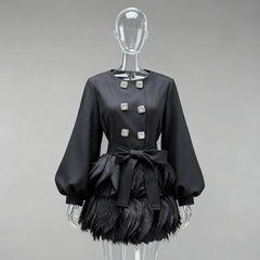 Feather Hem Puff Sleeve Mini Dress