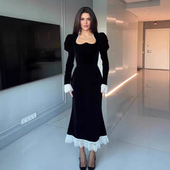 Sweetheart-Neck Velvet Maxi Dress with Puff Sleeves and Lace Trim