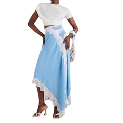 Asymmetric Chiffon Midi Skirt with Contrast Lace Insets
