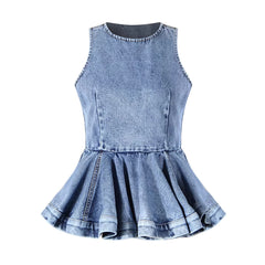 Sleeveless Peplum Denim Top and Curved Hem Wide Leg Jeans