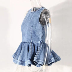 Sleeveless Peplum Denim Top and Curved Hem Wide Leg Jeans