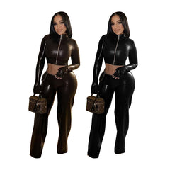 Zip-Up Crop Top and Wide Leg Pant Set