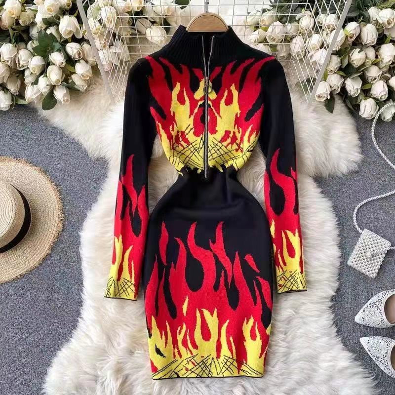 Retro Flame Print High-Neck Knit Dress