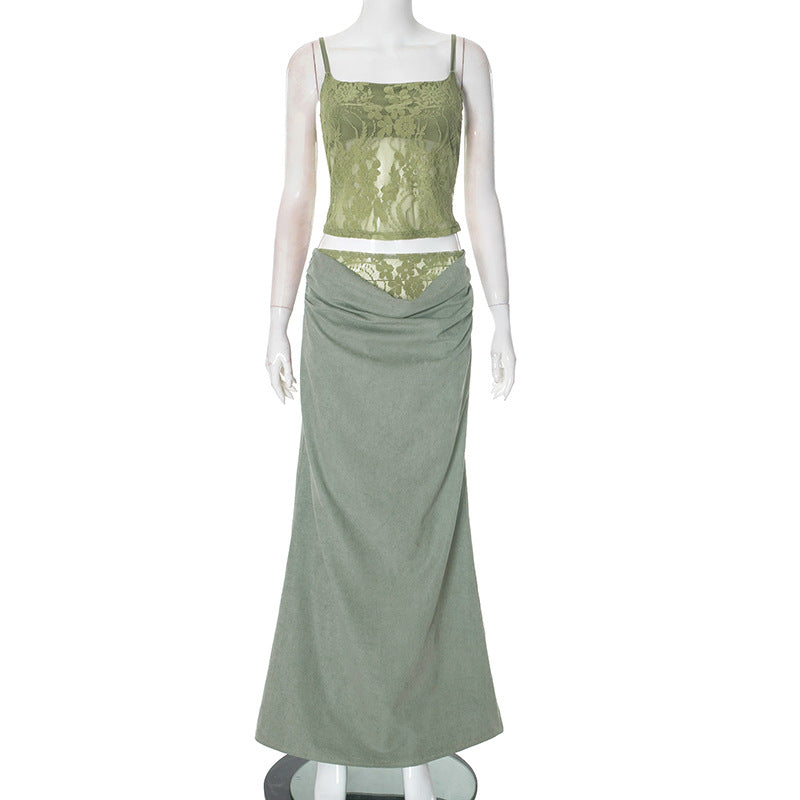 Green Lace Camisole & Midi Skirt Set