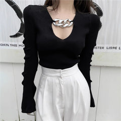 V-Neck Top with Metallic Chain Link Detail