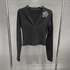 V-Neck Top and Skirt Set with Rhinestone Rose Accents