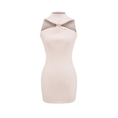 Beige Knit Cut - Out Mini Dress