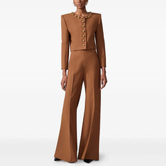 Elegant Gold Button Cropped Jacket Suit Set