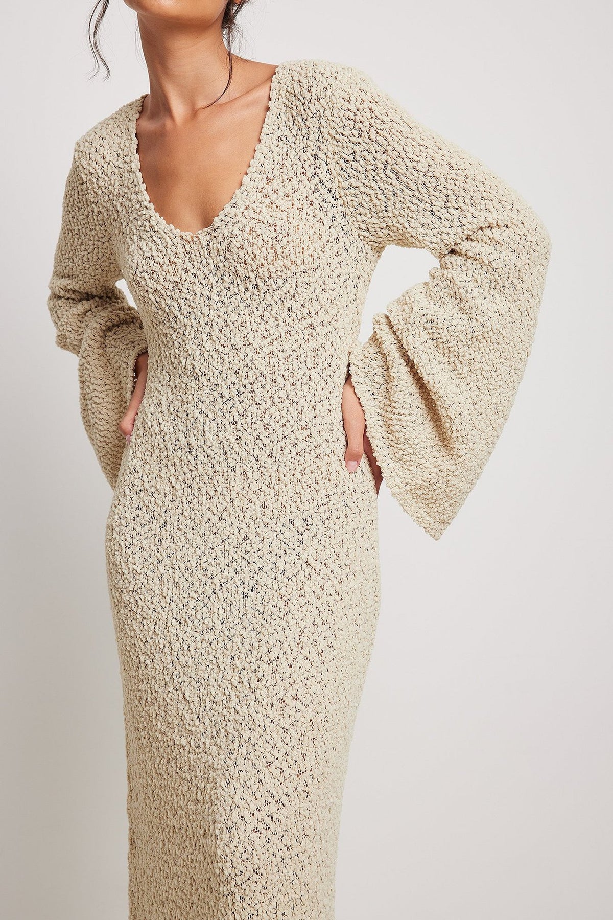 Beige Bell Sleeve Textured Knit Dress