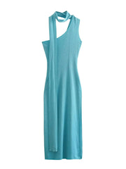 Aqua One-Shoulder Dress with Scarf Detail