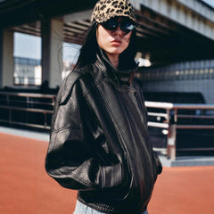 Faux Leather High-Neck Bomber Jacket with Epaulettes