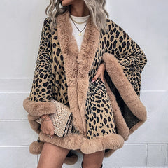 Leopard Poncho with Faux Fur Trim
