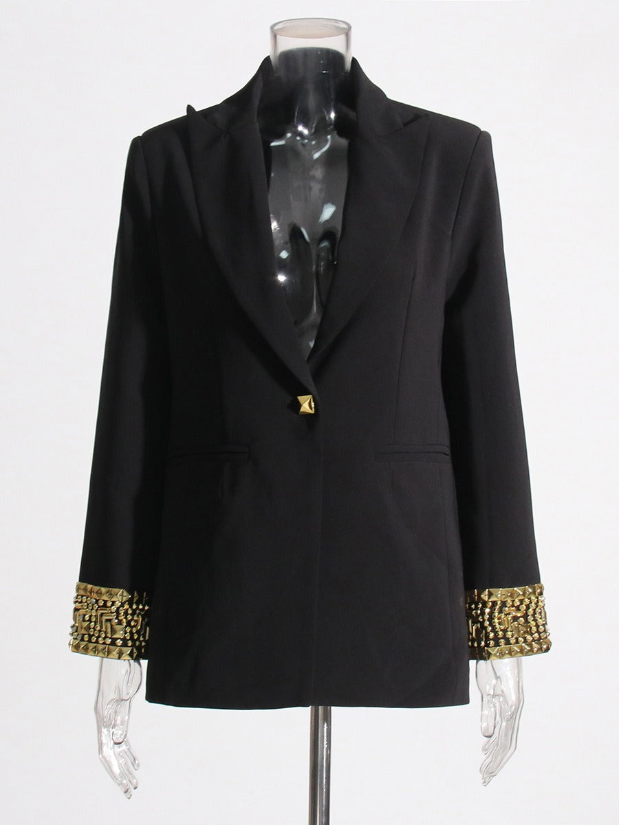 Black Structured Blazer with Gold Embellished Cuffs