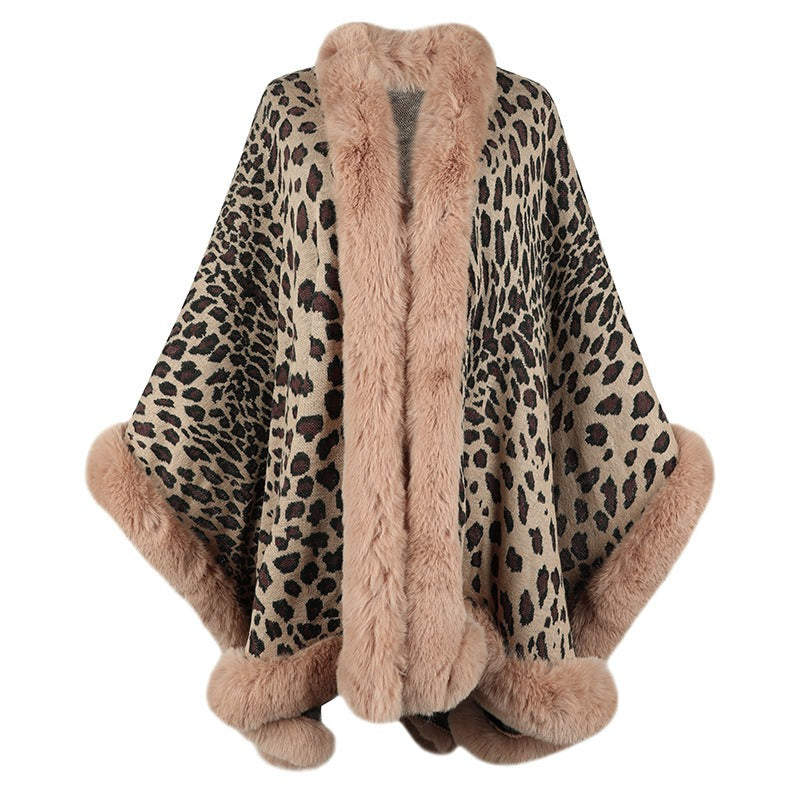 Leopard Poncho with Faux Fur Trim