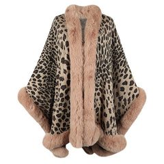 Leopard Poncho with Faux Fur Trim