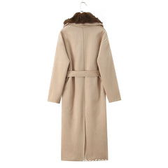 Long Belted Coat with Contrast Faux Fur Trim