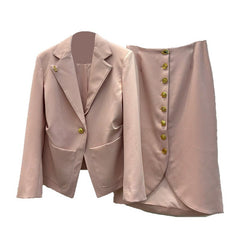 Tailored Single-Button Blazer and Button-Front Skirt Set