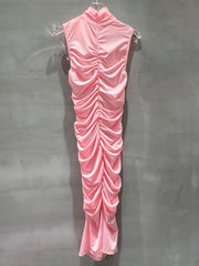 Romantic Pink Ruched Dress with Rosette Shoulder