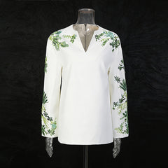 Floral Embroidered V-Neck Top and Flare Pant Set