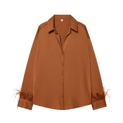 Feather-Trimmed Satin Button-Down Blouse