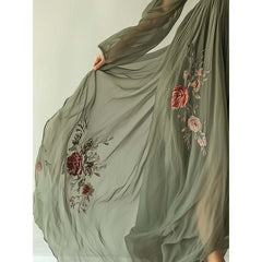 Floral Embroidered V-Neck Maxi Dress with Sheer Sleeves