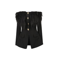 Statement Feather Trim Off-Shoulder Blazer